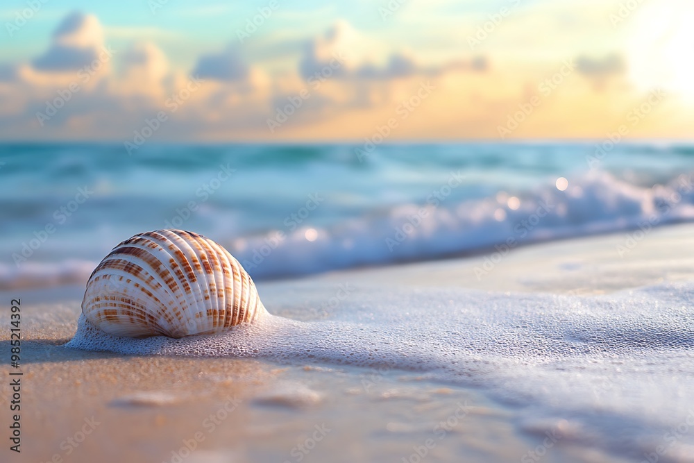 Seashell on a sandy beach with ocean waves and a sunset sky. Summer vacation, travel, and relaxation concept. Seashell on a sandy beach with ocean waves and a sunset sky. Summer vacation, travel, and relaxation concept.