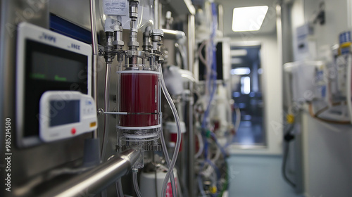 A dialysis machine in operation with tubes and blood filtration visible