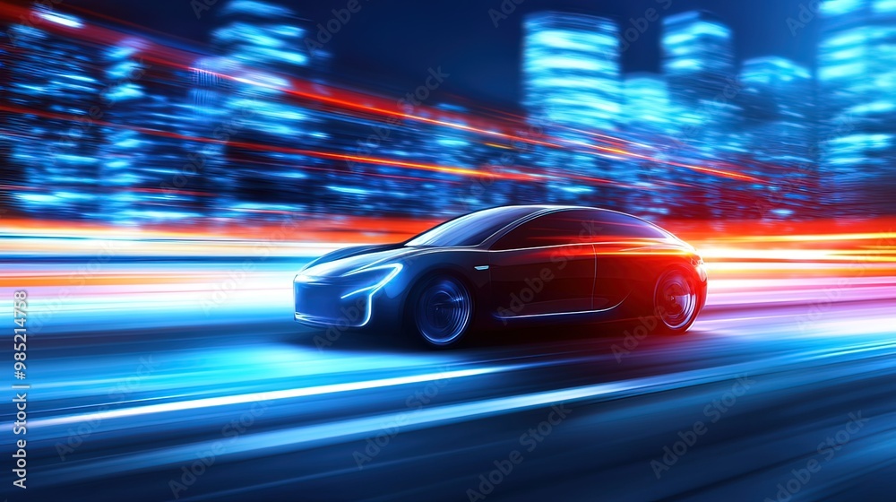 Obraz premium Futuristic Car Speeding Through Cityscape