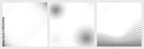 Set of square different halftone halftone gradient backgrounds. Black and white comic grunge texture, vector abstract cover design in pop art style