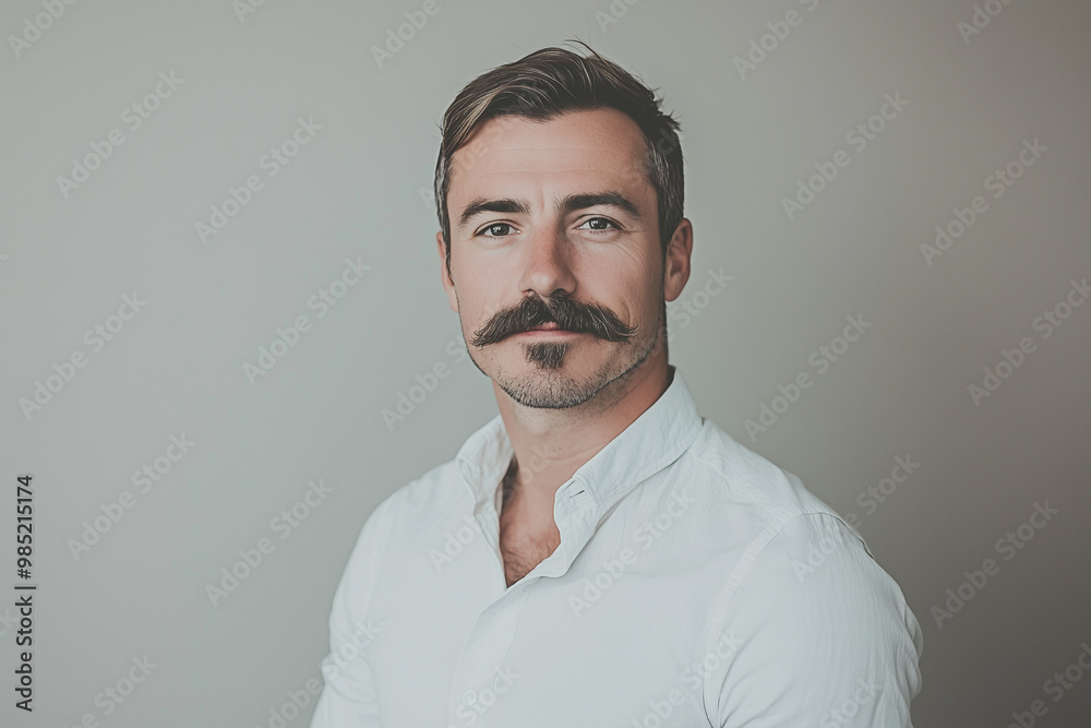 Obraz premium Businessman white crisp shirt poses against a subtle beige background, showcasing a modern minimalist style and a Movember moustache