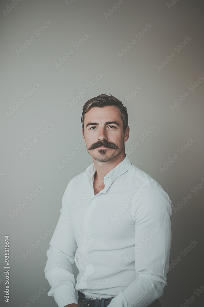 Businessman white crisp shirt poses against a subtle beige background, showcasing a modern minimalist style and a Movember moustache