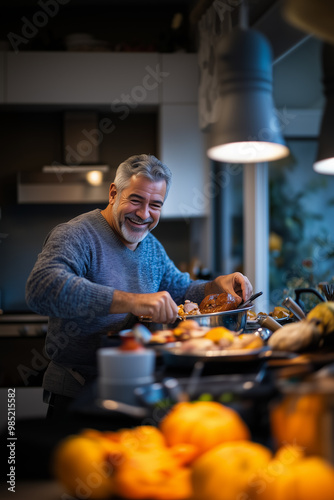 Smiling mature male getting food ready for thanksgiving, vertical image
 photo