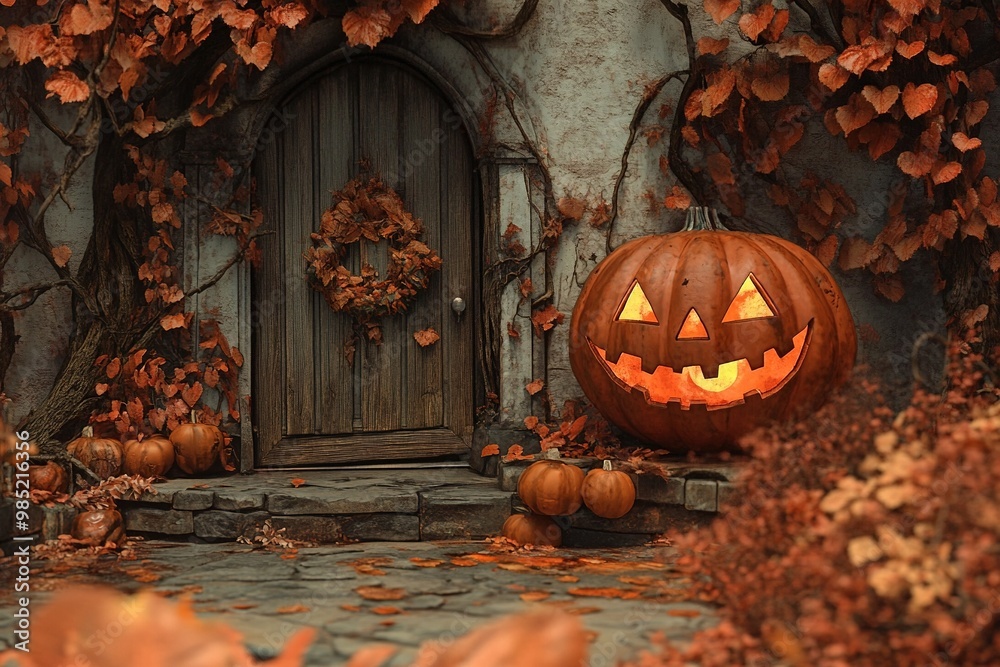 Obraz premium Halloween pumpkin glowing on porch of haunted house with autumn leaves. Halloween