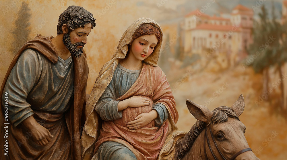 Biblical scene of Joseph and Mary heading to Bethlehem Biblical scene of Joseph and Mary heading to Bethlehem
