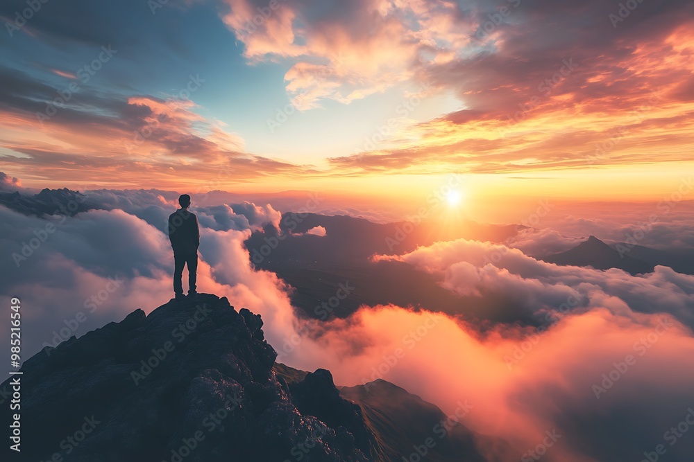 Silhouette of a man standing on a mountain top, looking at the sunset with clouds below. Concept of achievement, success, motivation, inspiration Silhouette of a man standing on a mountain top, looking at the sunset with clouds below. Concept of achievement, success, motivation, inspiration