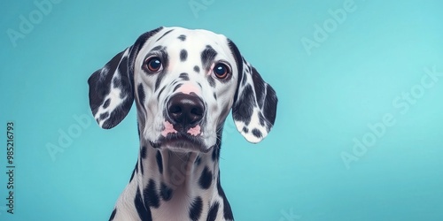 A Dalmatian dog with a white and black spotted coat against a sky blue background, looking directly at the camera.