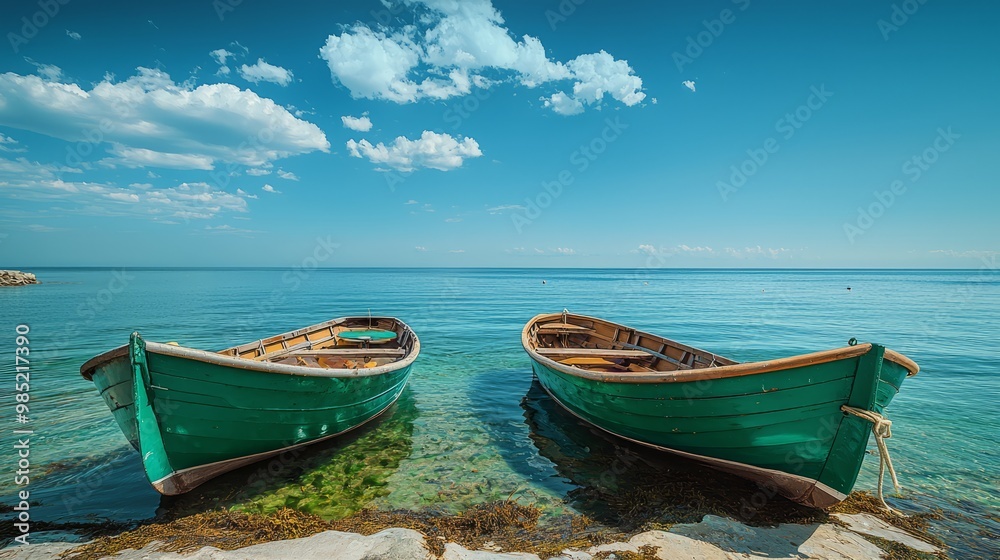 Obraz premium Two wooden rowboats floating on crystal clear water
