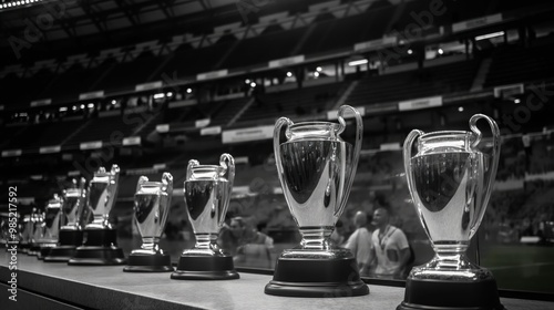 Grayscale image of UEFA Champions League trophies in Real Madrid stadium in Spain. Iconic trophies and championship cups on display. Football club rich history and success highlighted. photo