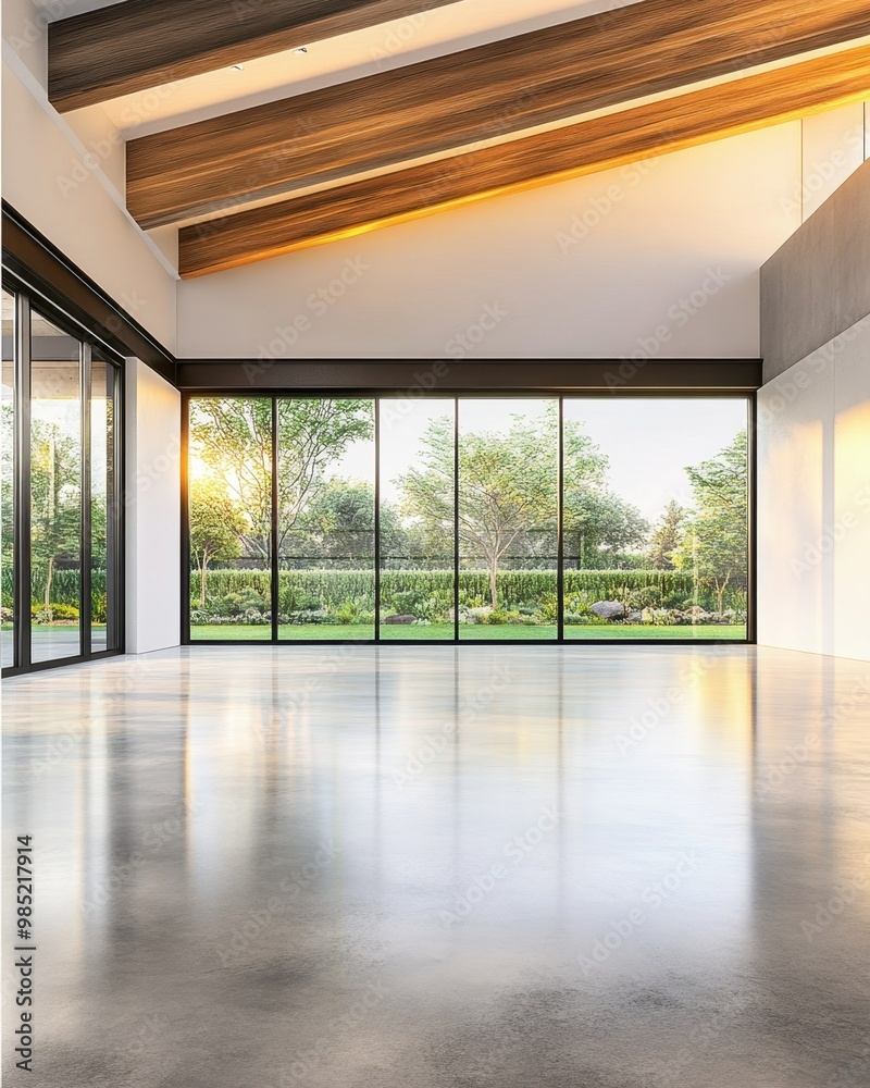 Obraz premium Modern open space living area with large windows and natural light featuring beautiful garden views, wooden beams, and polished concrete flooring.