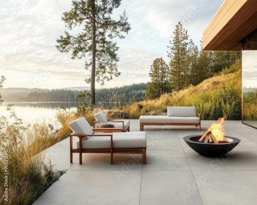 Modern outdoor patio with cozy furniture and a fire pit overlooking a serene lake and forest landscape at sunset.
