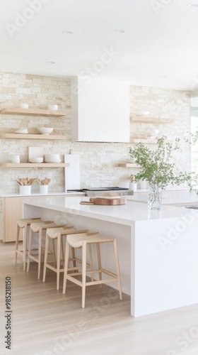 Bright modern kitchen with white countertops, wooden stools, brick backsplash, and open shelving. Minimalist design with natural light.