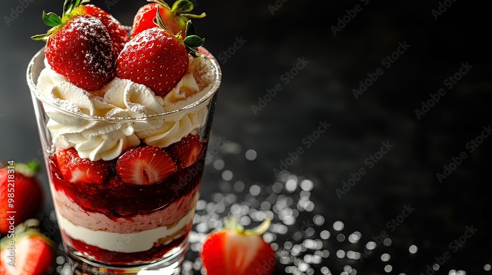 Strawberry Dessert in a Glass with Whipped Cream and a Dark Background Strawberry Dessert in a Glass with Whipped Cream and a Dark Background