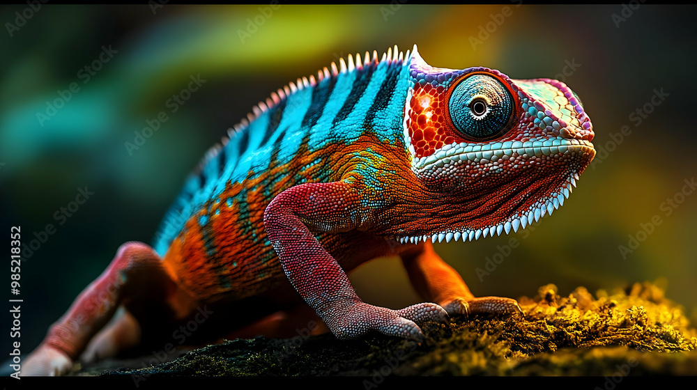 Obraz premium Colorful Chameleon on Branch - Realistic Animal Photo