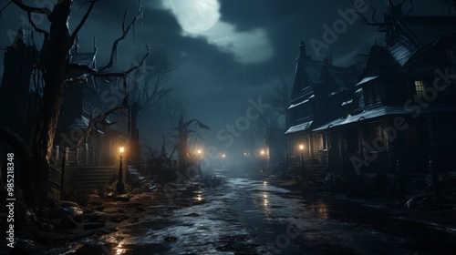 3D illustration of a Halloween concept background of realistic horror house and creepy street with moonlight.