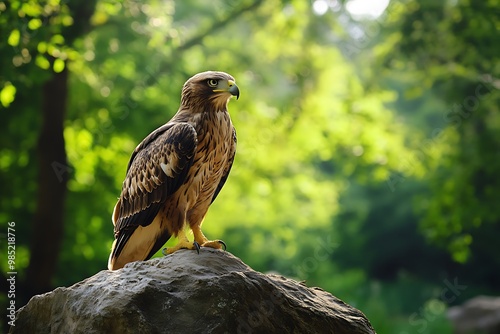 Majestic hawk perched on a rock in a lush forest, displaying power and grace.