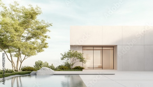 Modern minimalist architecture villa with a serene outdoor pool, surrounded by nature, clear skies, and lush greenery.