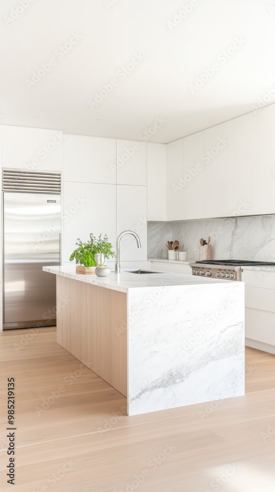 Modern minimalist kitchen with marble island, white cabinets, and hardwood flooring. Bright and spacious design with stainless steel appliances.
