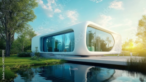 A futuristic home with smart windows that automatically tint based on sunlight.