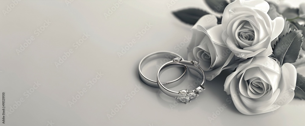 wedding rings, wedding invitation with white flowers background