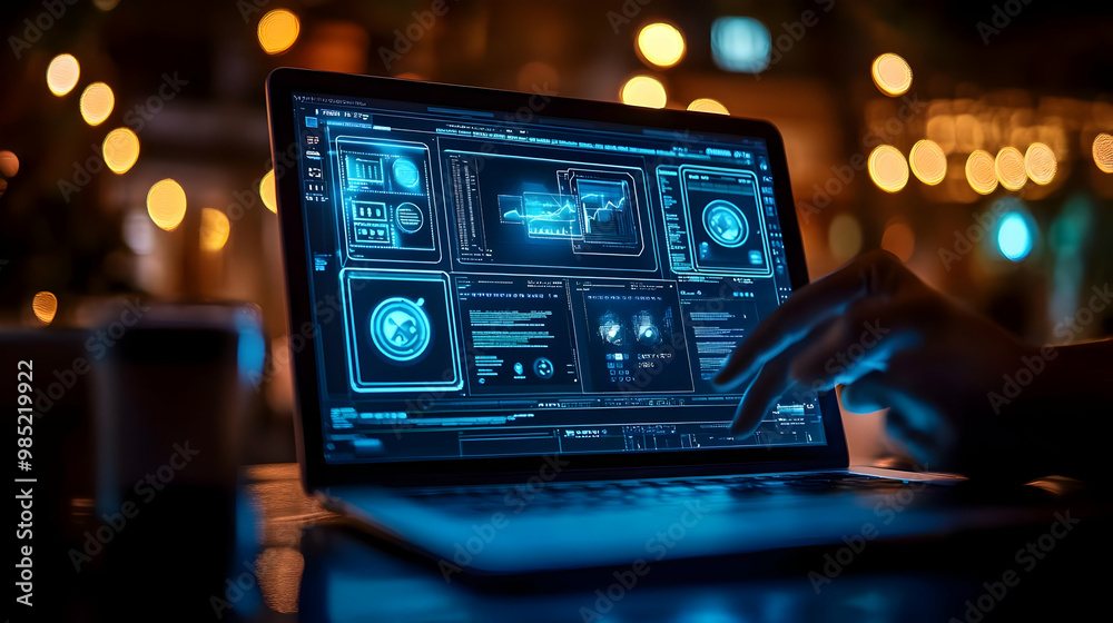 Fototapeta premium Laptop with Blue Digital Interface Illustration