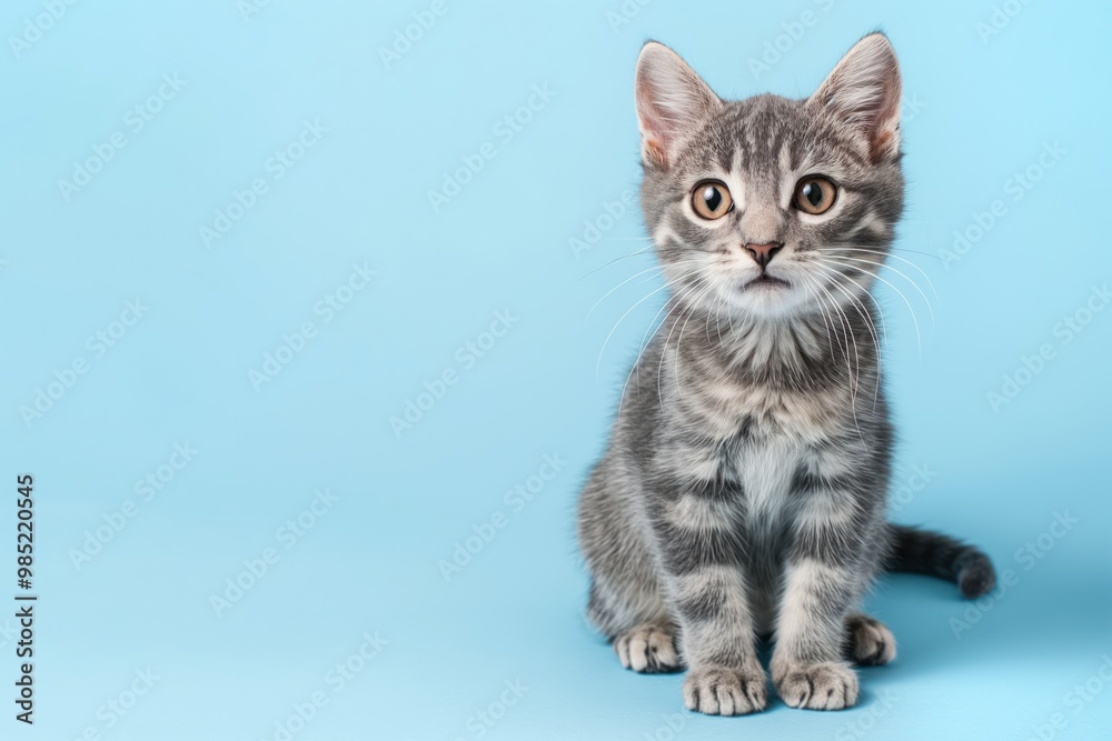 Obraz premium Gray tabby cat sits on light blue background with space for text. Cute, fluffy, lovely pet animal. Gentle, domestic, carnivore mammal with whiskers, fur. Happy, healthy companion creature.