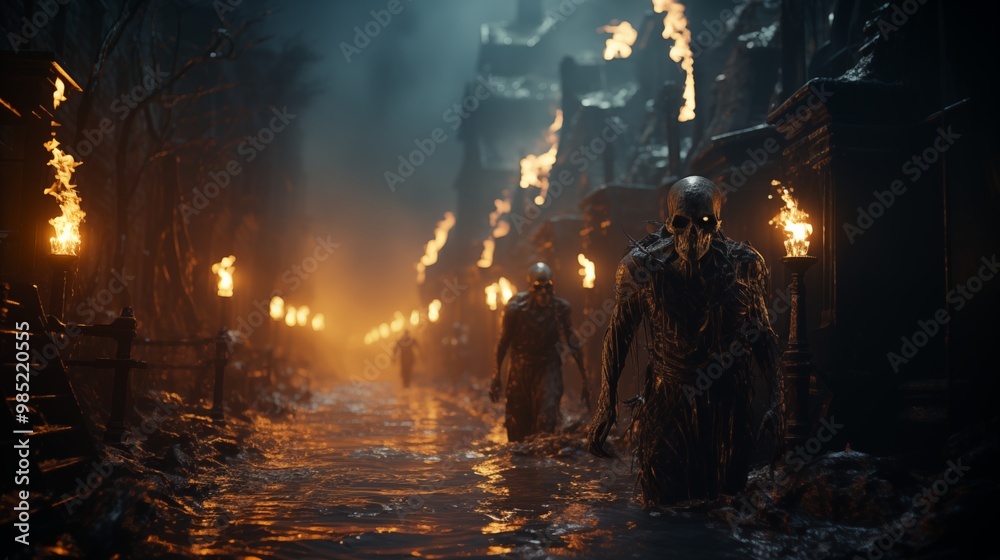 Fototapeta premium Apocalypse fantasy scene hroup of zombie walking. Halloween concept