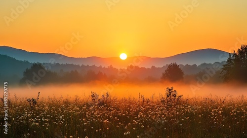 Golden Sunrise Over Misty Mountain Valley