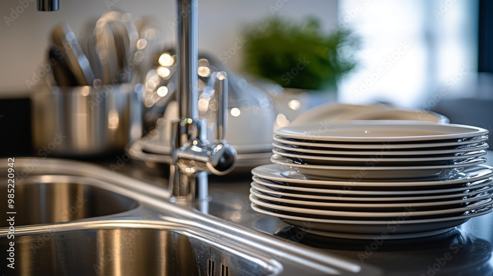 Obraz premium Stack of clean plates next to a modern kitchen sink