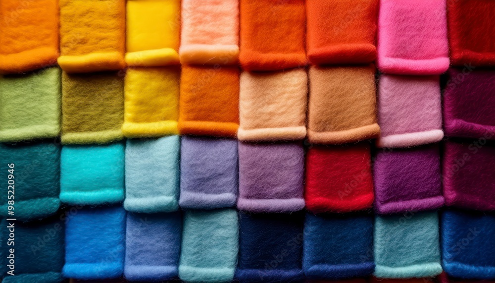 A minimalist backdrop with rainbow wool felt squares, each showing subtle variations in texture and depth A minimalist backdrop with rainbow wool felt squares, each showing subtle variations in texture and depth