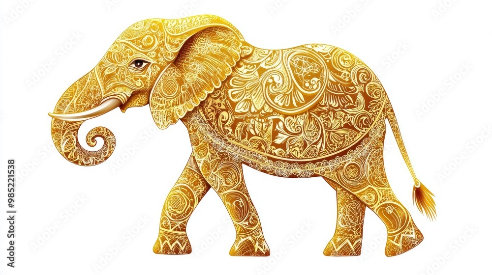 Obraz premium Beautiful golden elephant with an elegant stance, featuring intricate patterns, illustrated in vector art on a clean white background