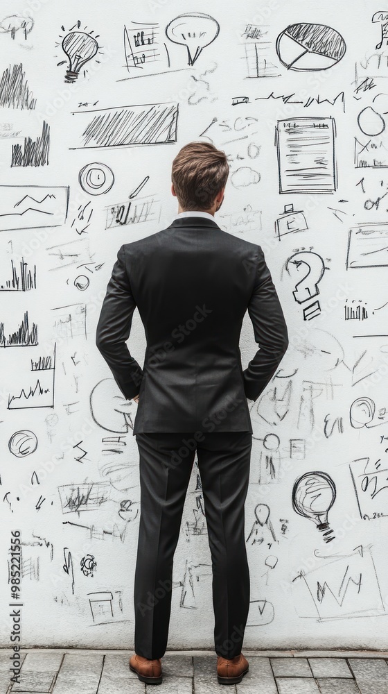 A businessman contemplating strategies in front of a wall filled with sketches and diagrams. A businessman contemplating strategies in front of a wall filled with sketches and diagrams.
