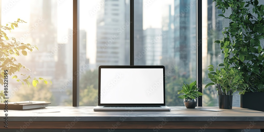 Creative workplace with mockup laptop screen on window with city view. workspace office room table with laptop. Blank screen desktop computer in minimal office room with window 