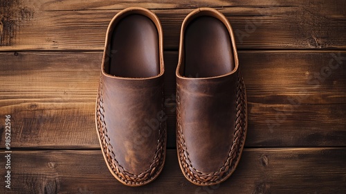 Brown leather slippers with braided trim on a wooden background.