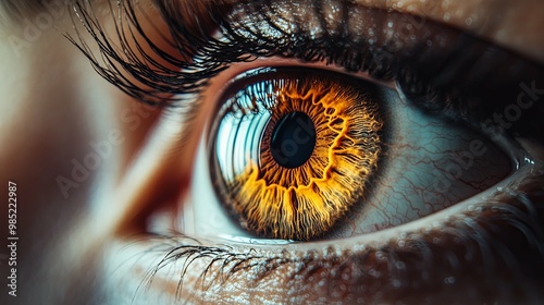 Close-up of a Human Eye with Golden Iris and Long Eyelashes