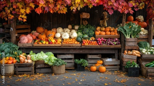 A vibrant autumn market stall showcasing seasonal vegetables like pumpkins, squash, and root vegetables, with a backdrop of colorful fall foliage and rustic wooden crates