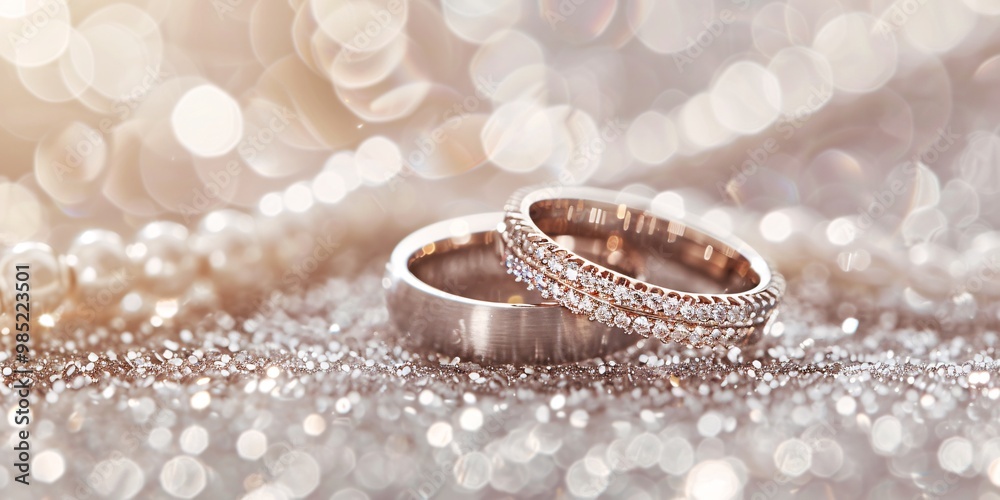 two golden wedding rings on creamy sparkling background with bokeh with copy space two golden wedding rings on creamy sparkling background with bokeh with copy space