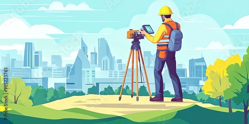 An inspector in a helmet uses a geodetic device to focus the terrain for future construction according to the project. World surveyors day concept. photo