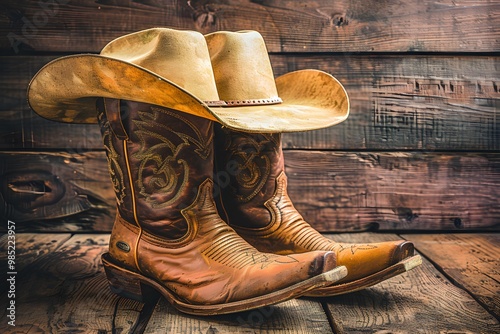 Wild West retro cowboy hat and old leather boots.