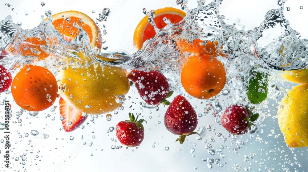various fruits falling from a height, splashing into water, with fresh detail, isolated on a white background various fruits falling from a height, splashing into water, with fresh detail, isolated on a white background