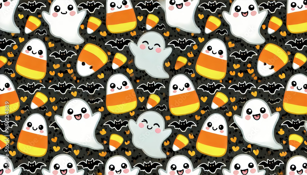 Playful Halloween pattern with smiling ghosts and candy corn Playful Halloween pattern with smiling ghosts and candy corn
