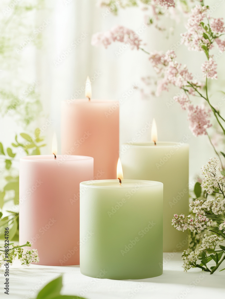Four pastel-colored candles are lit, surrounded by delicate flowers and greenery, creating a serene and calming atmosphere. Four pastel-colored candles are lit, surrounded by delicate flowers and greenery, creating a serene and calming atmosphere.