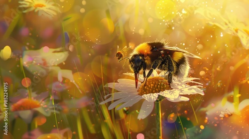 A bee laden with pollen examines the delicate petals of a white flower. that mesmerizes with the beauty and vitality of nature