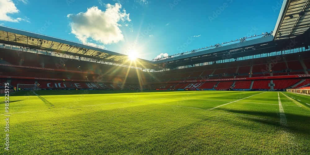 A large stadium with a bright sun shining on the field A large stadium with a bright sun shining on the field