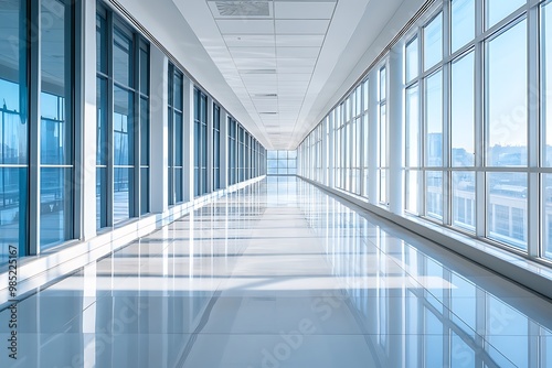 Empty Modern Office Hallway with Large Windows