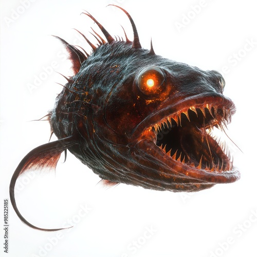 A deep sea creature like an anglerfish, isolated on a clean white background, focus on its bioluminescent features photo