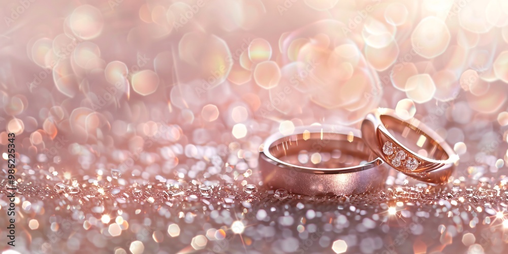 pair of shiny wedding rings on a sparkling background with copy space pair of shiny wedding rings on a sparkling background with copy space