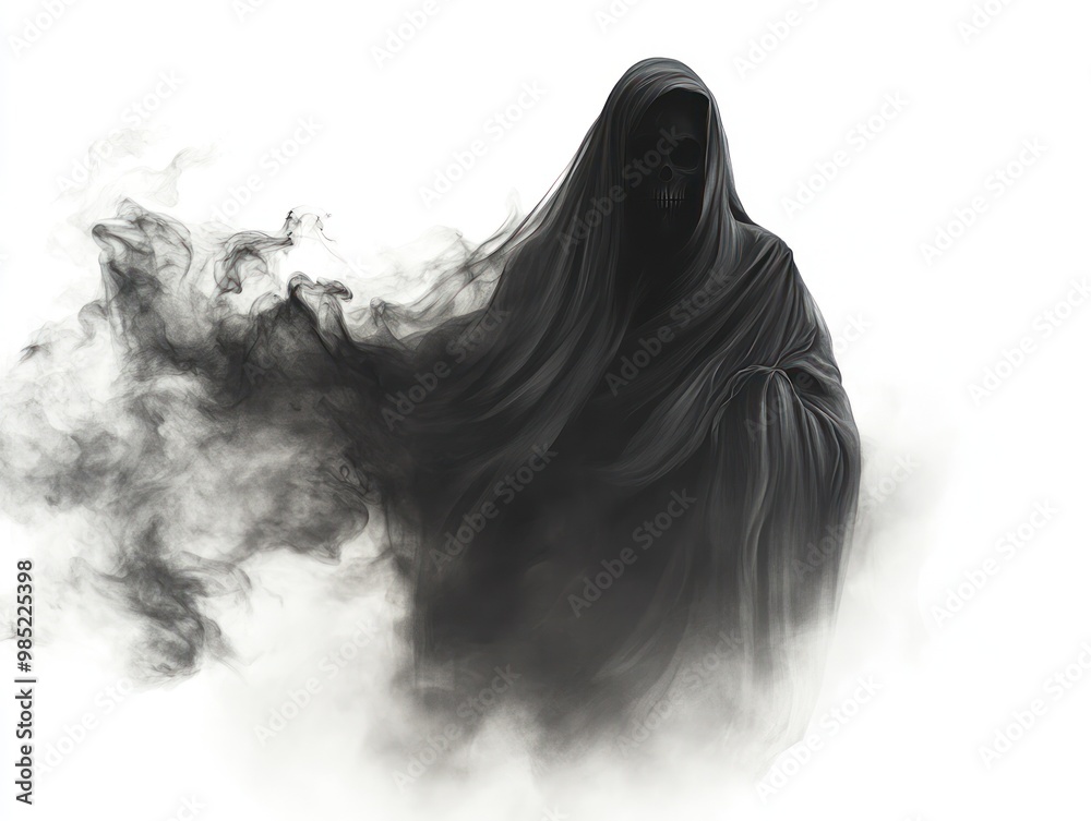 A ghost trapped by a curse, isolated on a plain white background, with dark mist swirling around it A ghost trapped by a curse, isolated on a plain white background, with dark mist swirling around it