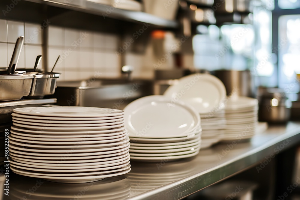 Clean white plates stacked on a counter in a restaurant kitchen. Clean white plates stacked on a counter in a restaurant kitchen.