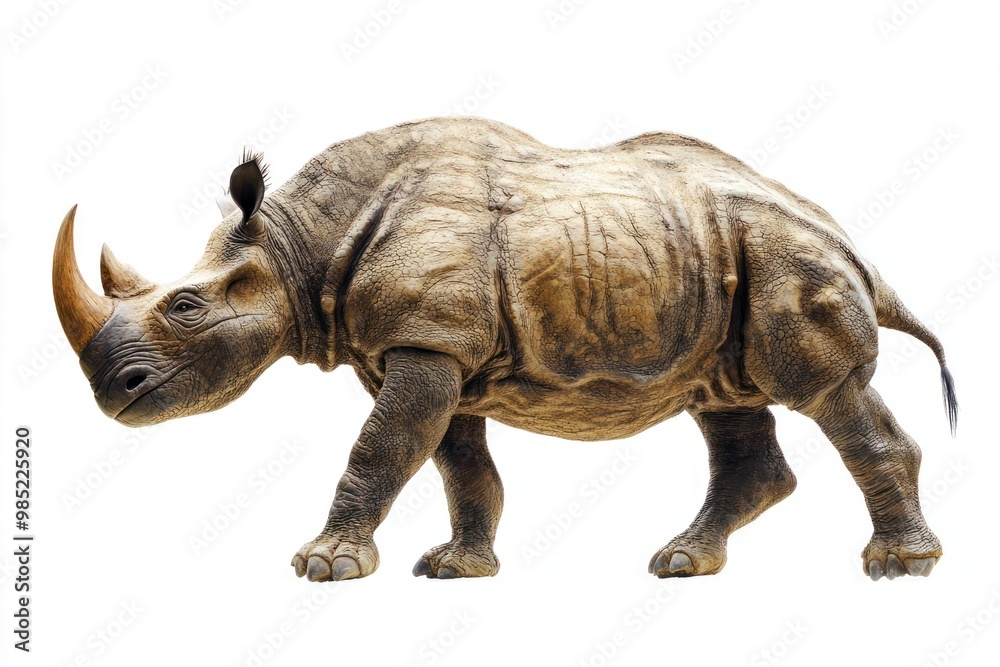 Fototapeta premium A prehistoric rhinoceros-like animal, isolated on white, focus on its thick skin and horns